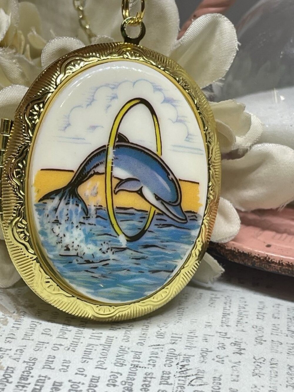 GOLD Locket Necklace Beach Dolphin Porpoise Sea Wedding Photo Jewelry Birthday